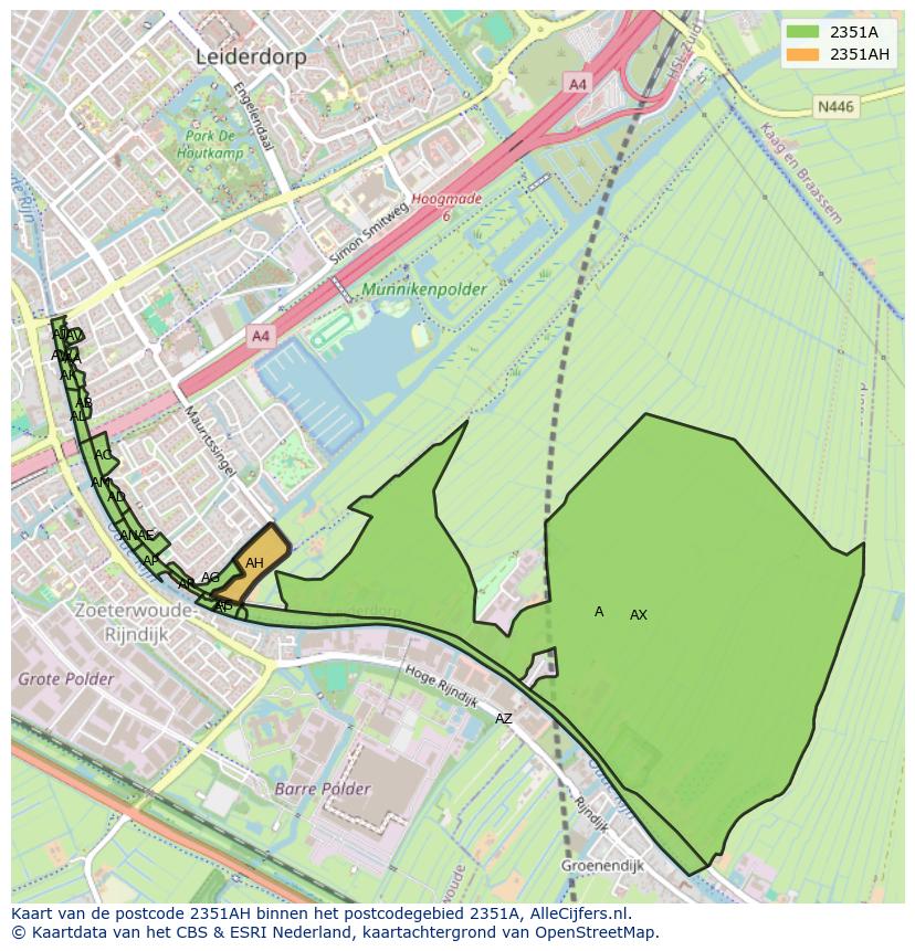 Afbeelding van het postcodegebied 2351 AH op de kaart.