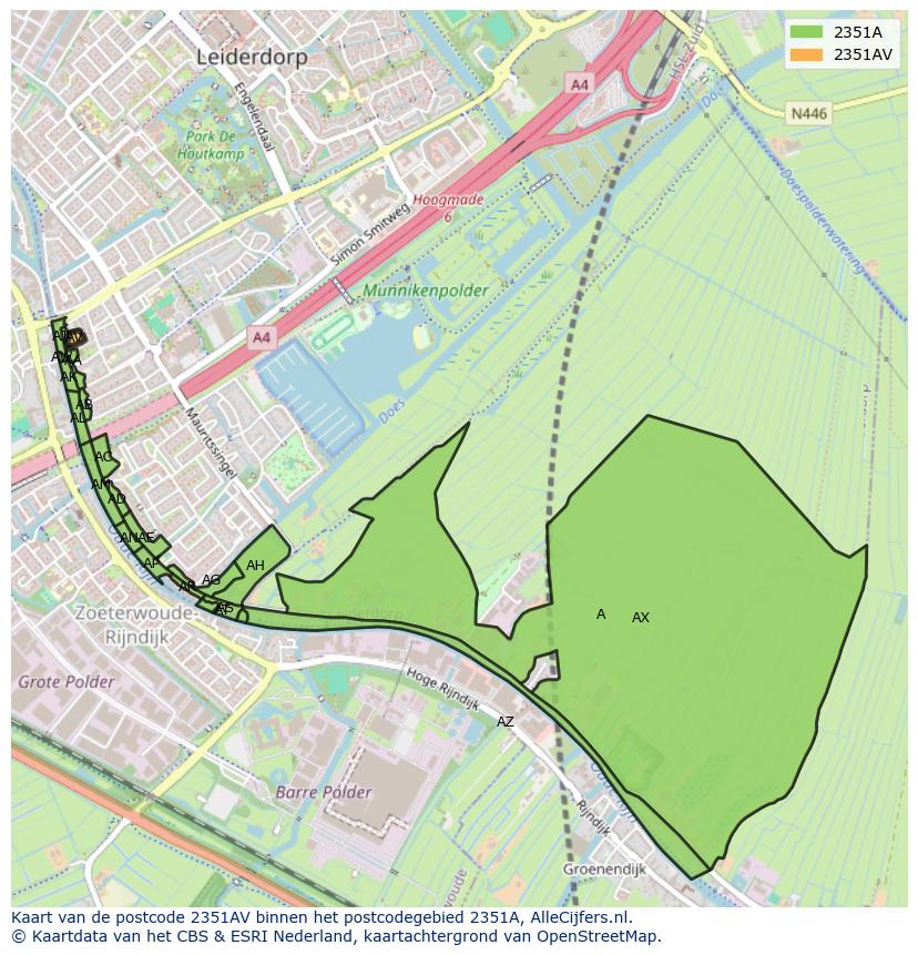 Afbeelding van het postcodegebied 2351 AV op de kaart.