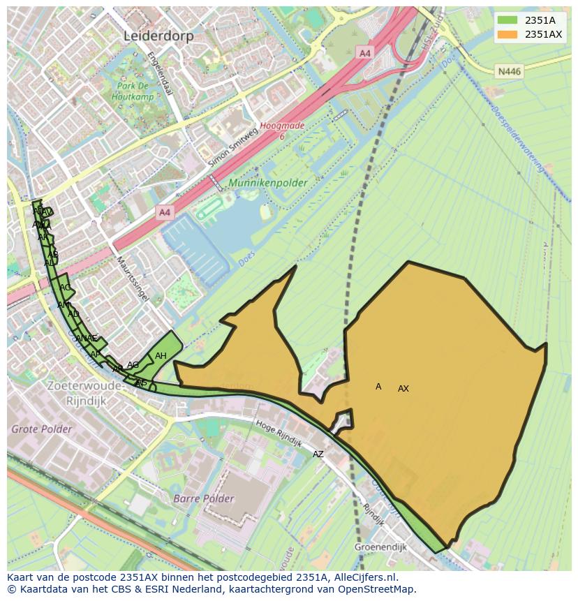 Afbeelding van het postcodegebied 2351 AX op de kaart.
