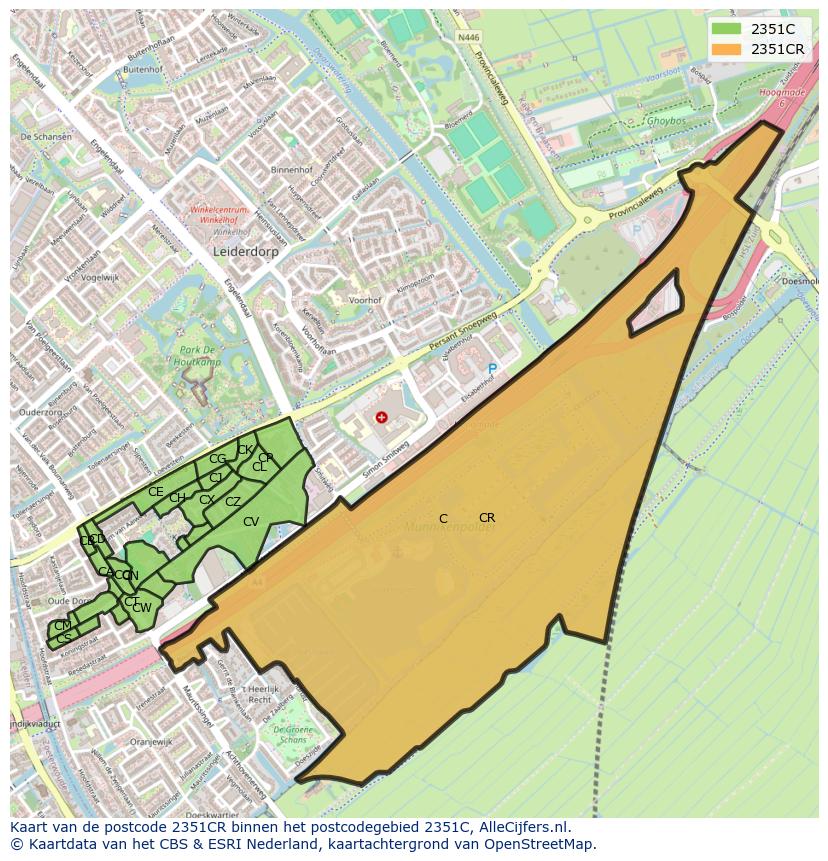 Afbeelding van het postcodegebied 2351 CR op de kaart.