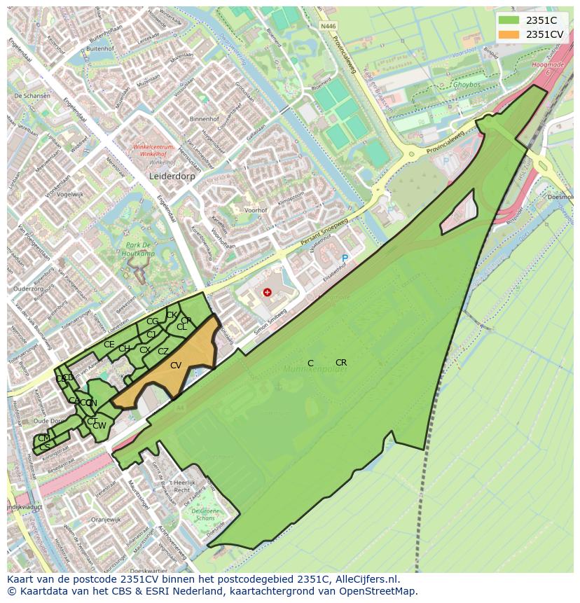 Afbeelding van het postcodegebied 2351 CV op de kaart.