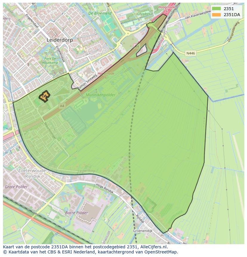Afbeelding van het postcodegebied 2351 DA op de kaart.