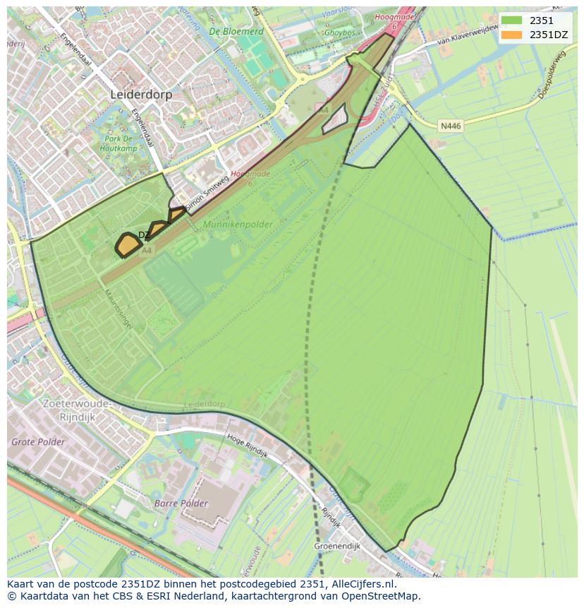 Afbeelding van het postcodegebied 2351 DZ op de kaart.