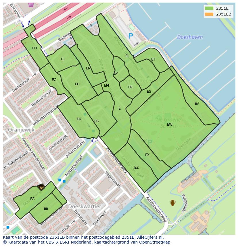 Afbeelding van het postcodegebied 2351 EB op de kaart.