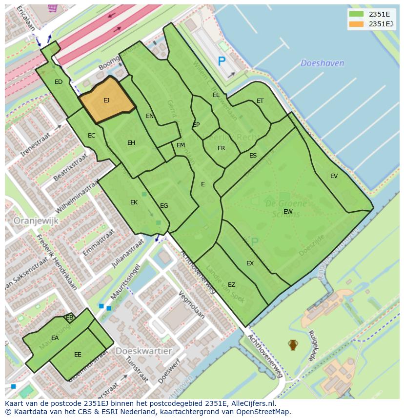Afbeelding van het postcodegebied 2351 EJ op de kaart.