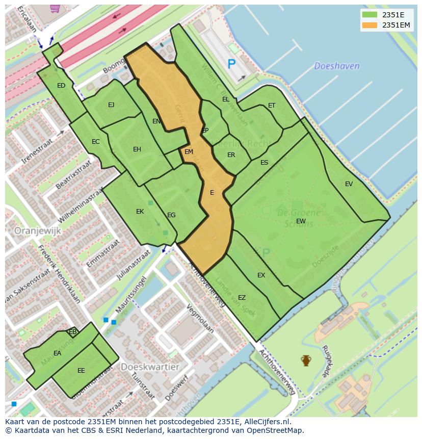 Afbeelding van het postcodegebied 2351 EM op de kaart.