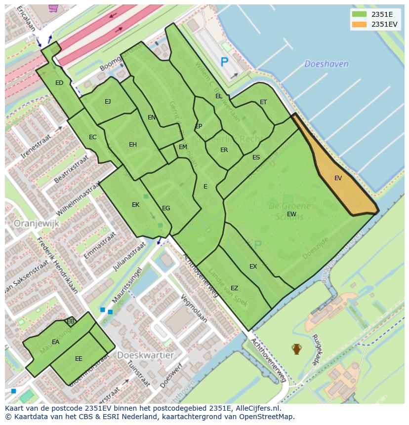 Afbeelding van het postcodegebied 2351 EV op de kaart.