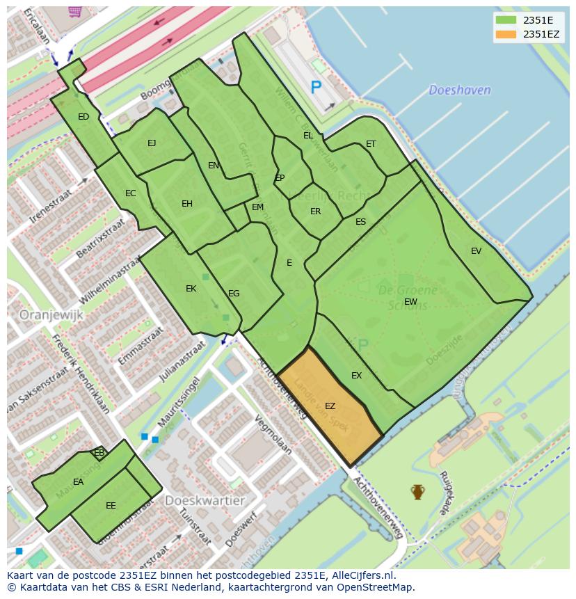 Afbeelding van het postcodegebied 2351 EZ op de kaart.
