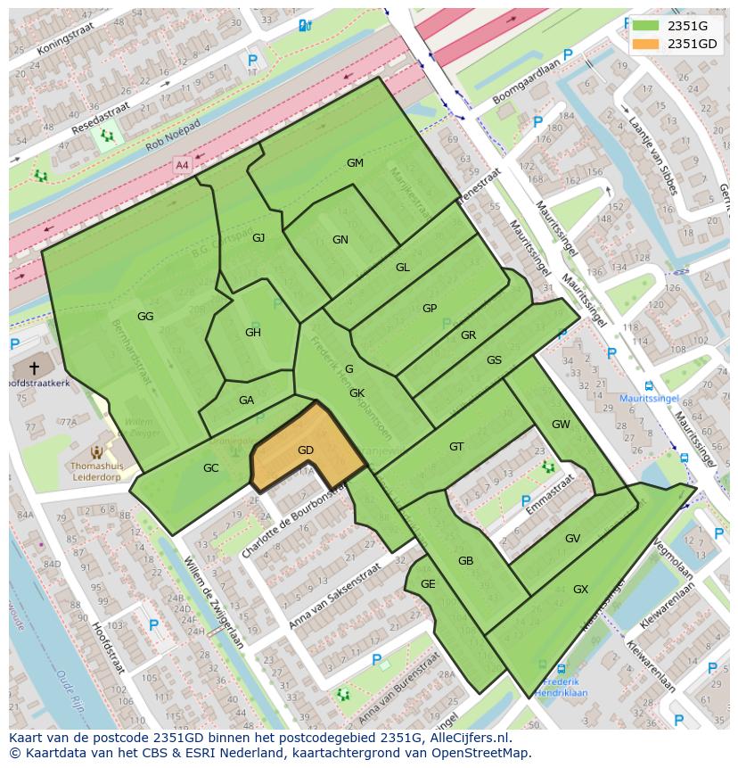 Afbeelding van het postcodegebied 2351 GD op de kaart.