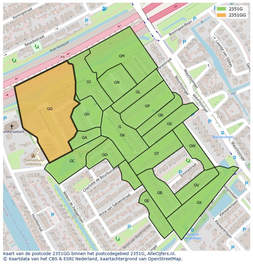 Afbeelding van het postcodegebied 2351 GG op de kaart.