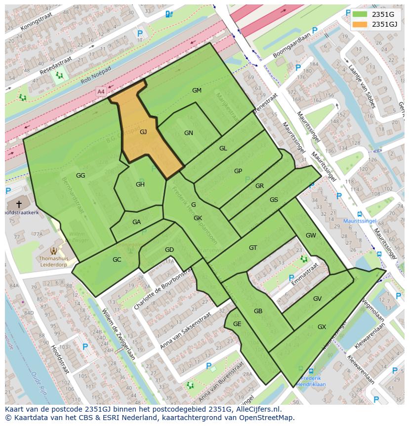 Afbeelding van het postcodegebied 2351 GJ op de kaart.