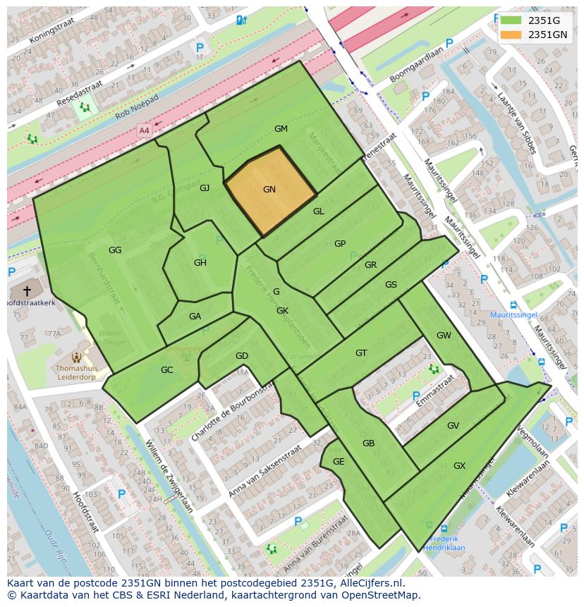Afbeelding van het postcodegebied 2351 GN op de kaart.