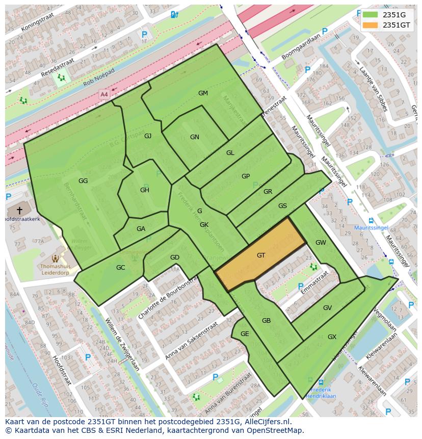 Afbeelding van het postcodegebied 2351 GT op de kaart.