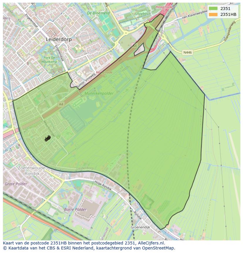 Afbeelding van het postcodegebied 2351 HB op de kaart.