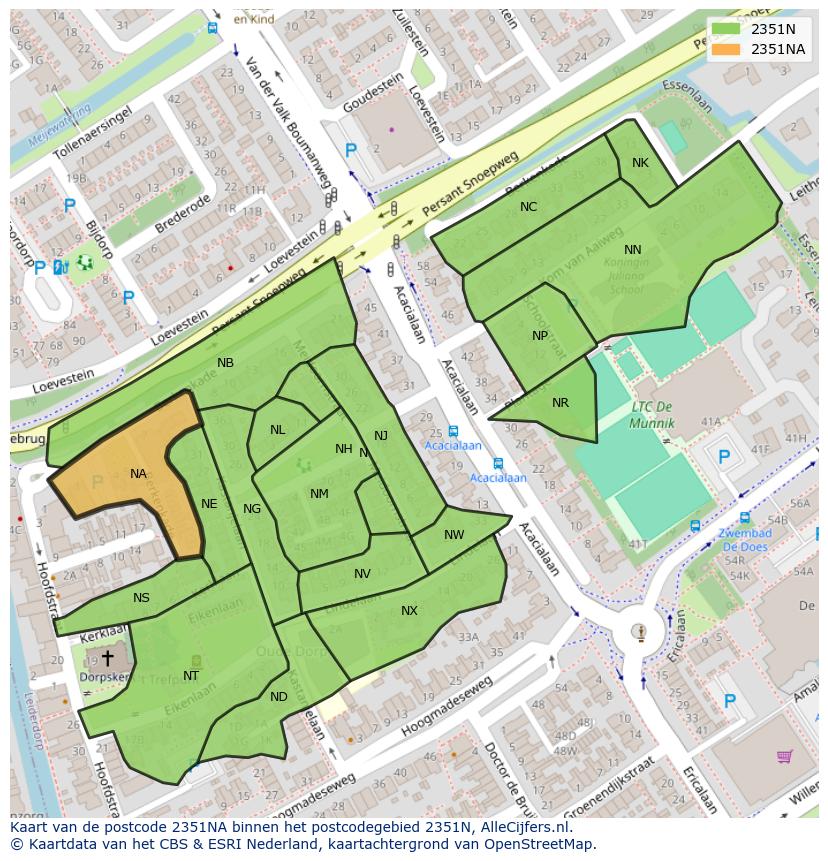 Afbeelding van het postcodegebied 2351 NA op de kaart.