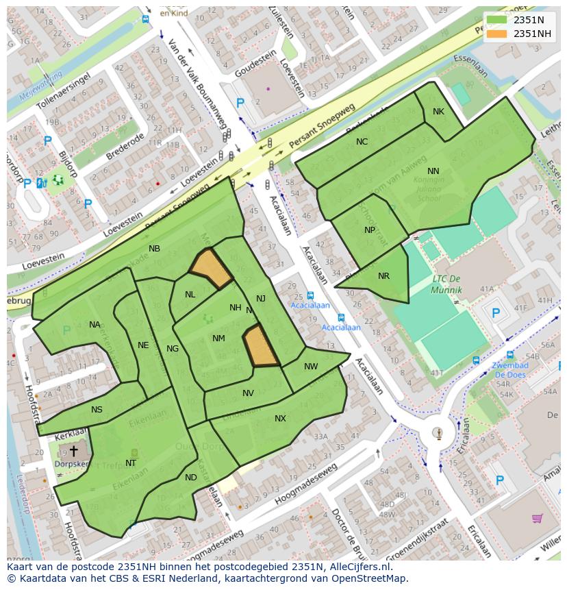 Afbeelding van het postcodegebied 2351 NH op de kaart.