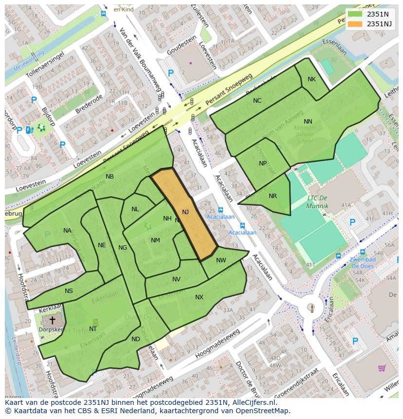 Afbeelding van het postcodegebied 2351 NJ op de kaart.