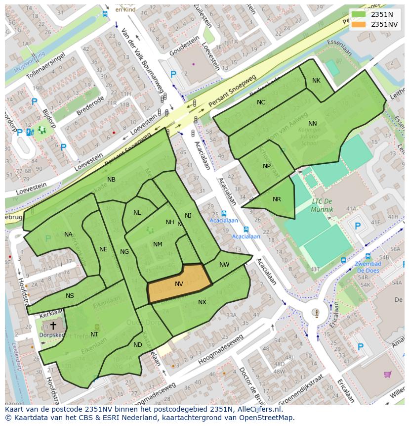 Afbeelding van het postcodegebied 2351 NV op de kaart.