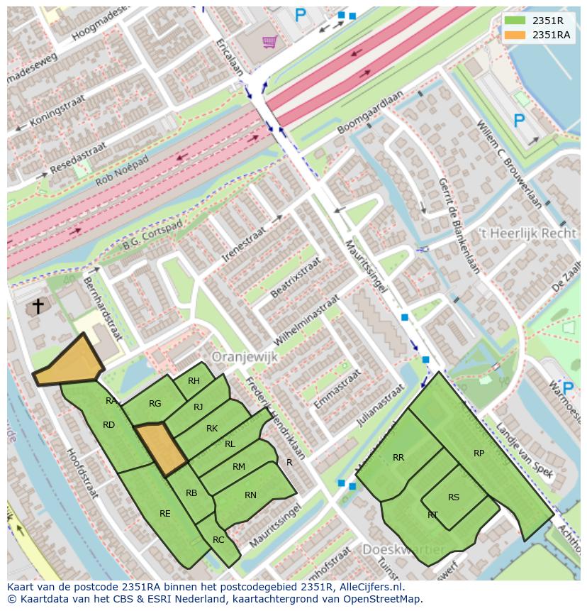 Afbeelding van het postcodegebied 2351 RA op de kaart.