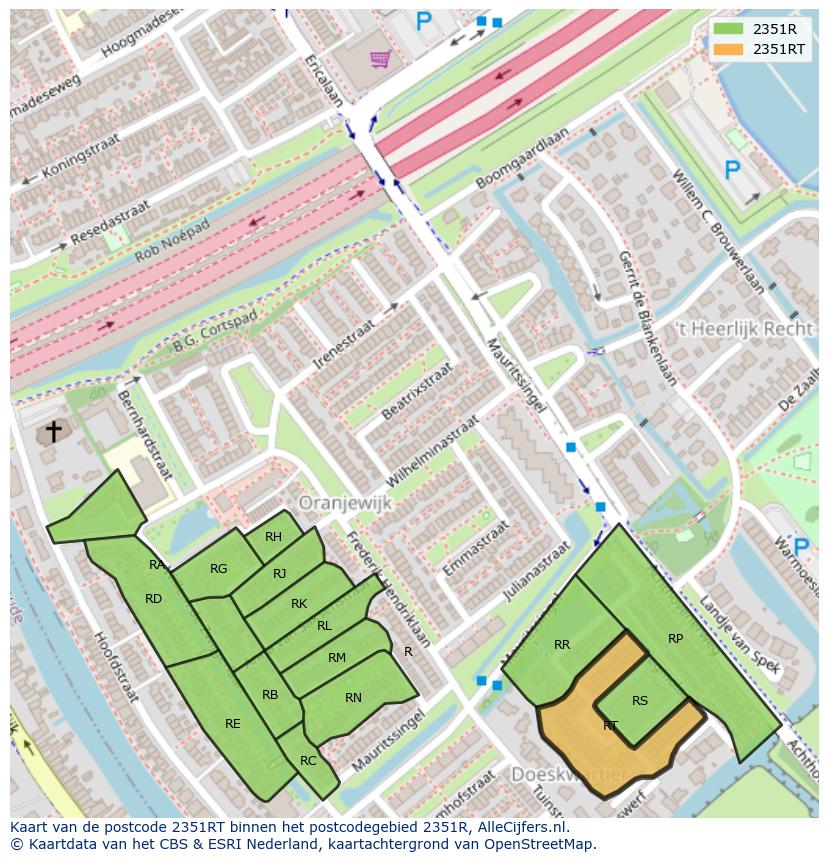 Afbeelding van het postcodegebied 2351 RT op de kaart.