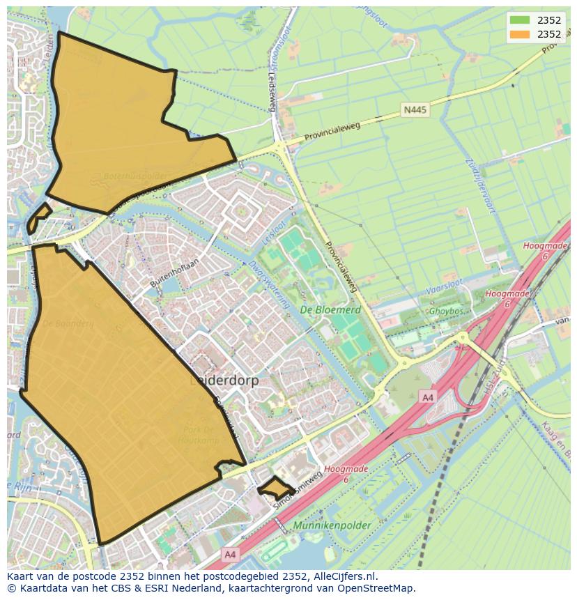 Afbeelding van het postcodegebied 2352 op de kaart.