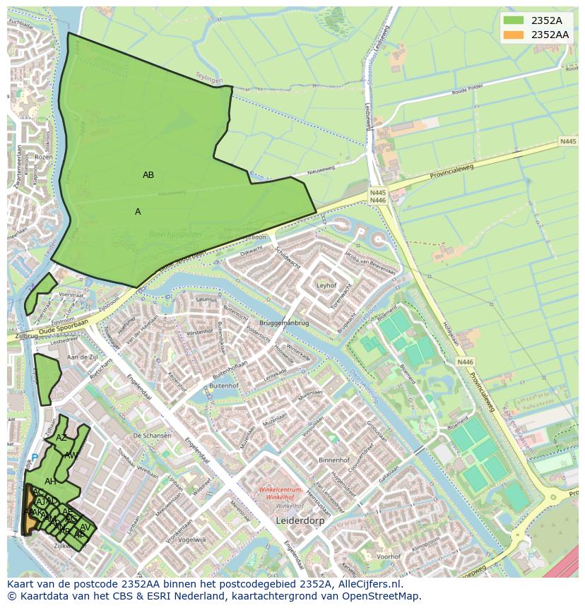 Afbeelding van het postcodegebied 2352 AA op de kaart.