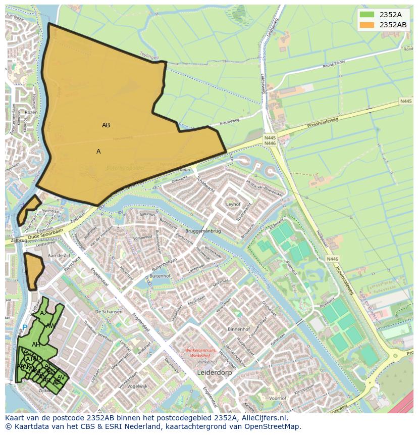 Afbeelding van het postcodegebied 2352 AB op de kaart.