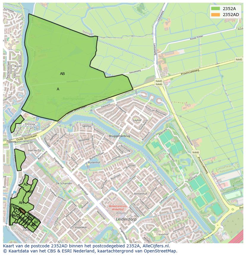 Afbeelding van het postcodegebied 2352 AD op de kaart.
