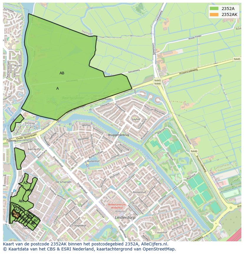 Afbeelding van het postcodegebied 2352 AK op de kaart.