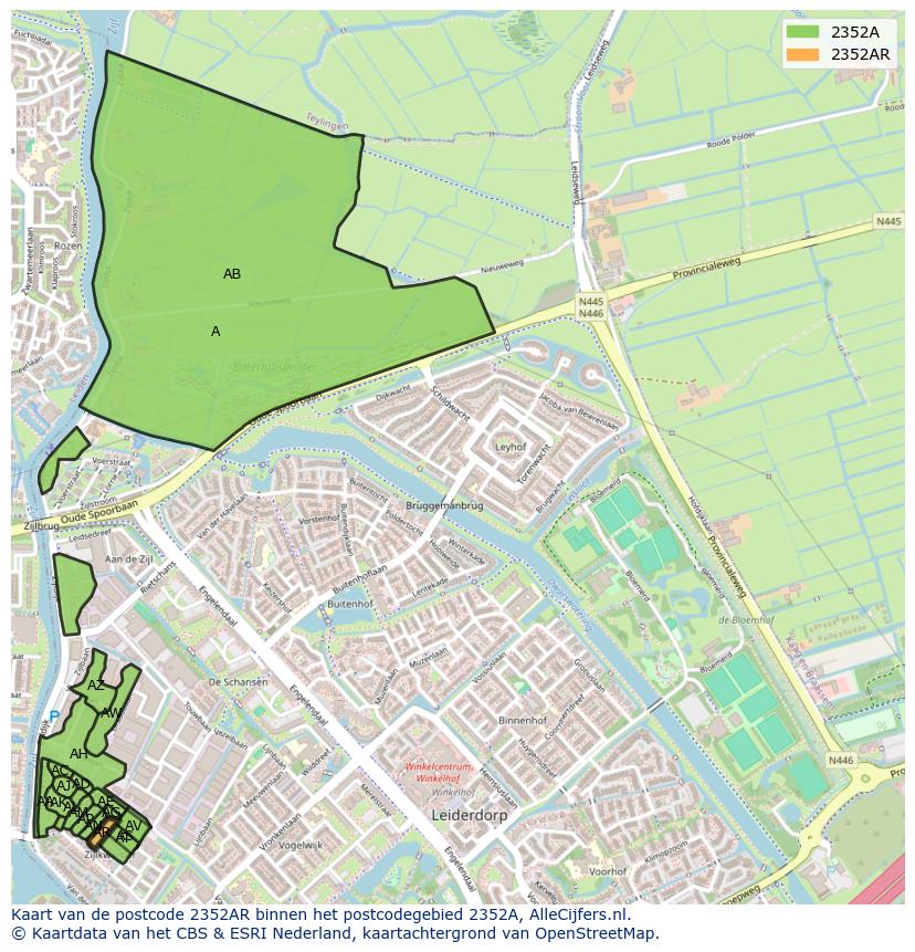 Afbeelding van het postcodegebied 2352 AR op de kaart.