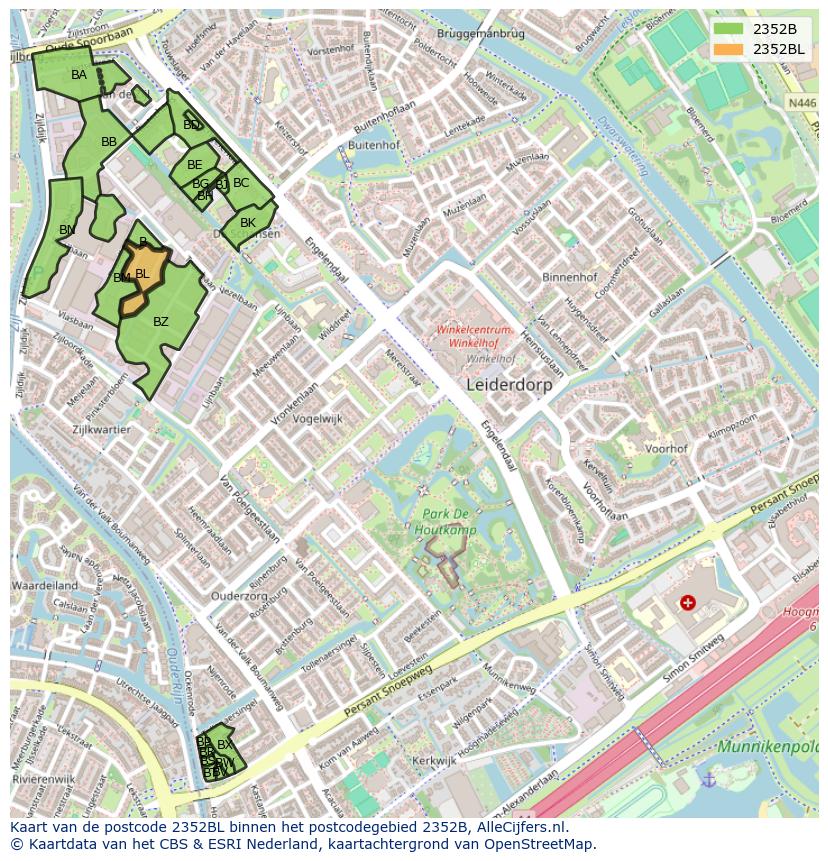 Afbeelding van het postcodegebied 2352 BL op de kaart.
