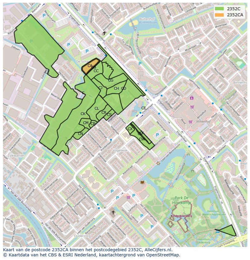 Afbeelding van het postcodegebied 2352 CA op de kaart.