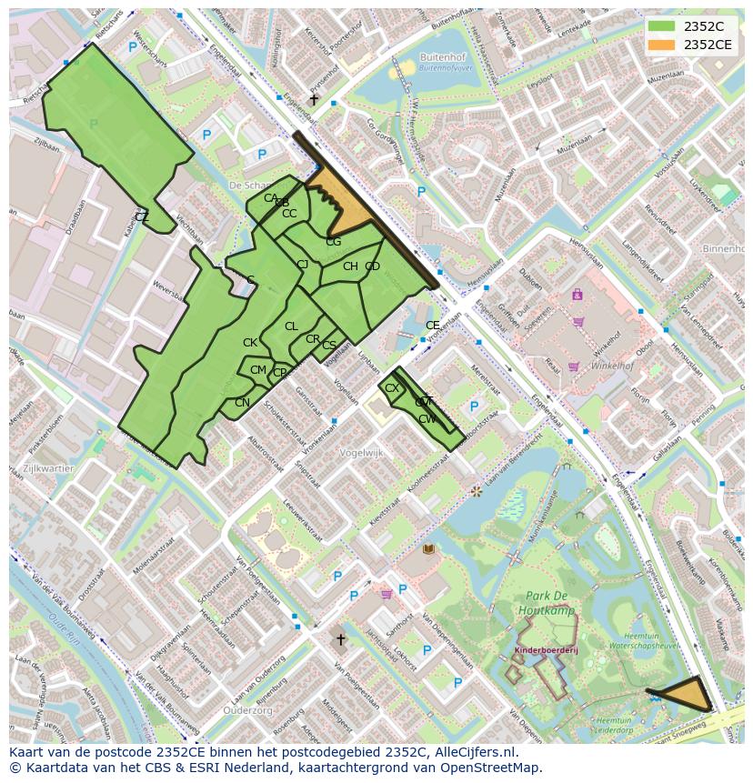 Afbeelding van het postcodegebied 2352 CE op de kaart.
