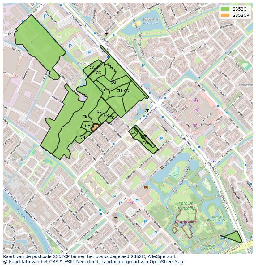 Afbeelding van het postcodegebied 2352 CP op de kaart.