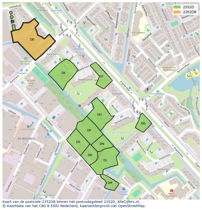 Afbeelding van het postcodegebied 2352 DB op de kaart.