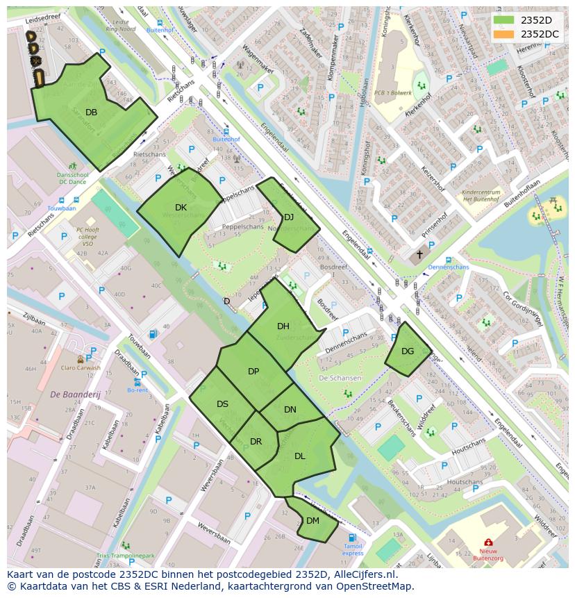 Afbeelding van het postcodegebied 2352 DC op de kaart.
