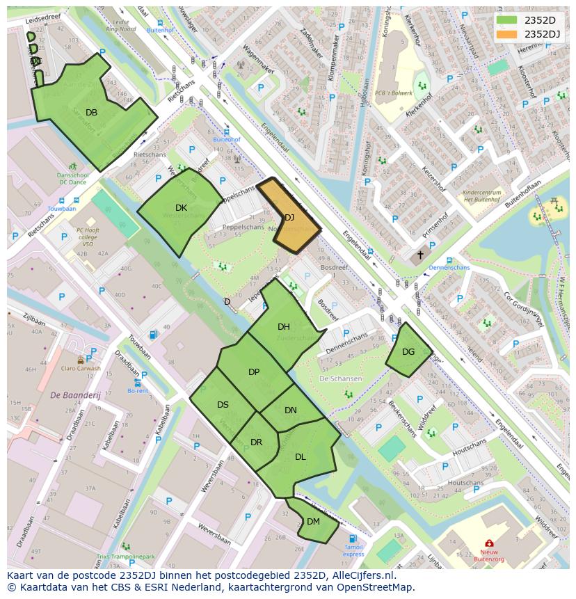 Afbeelding van het postcodegebied 2352 DJ op de kaart.