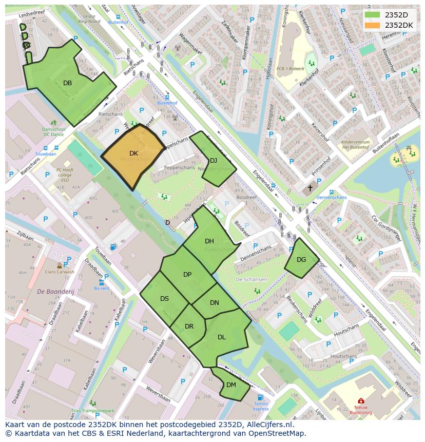 Afbeelding van het postcodegebied 2352 DK op de kaart.