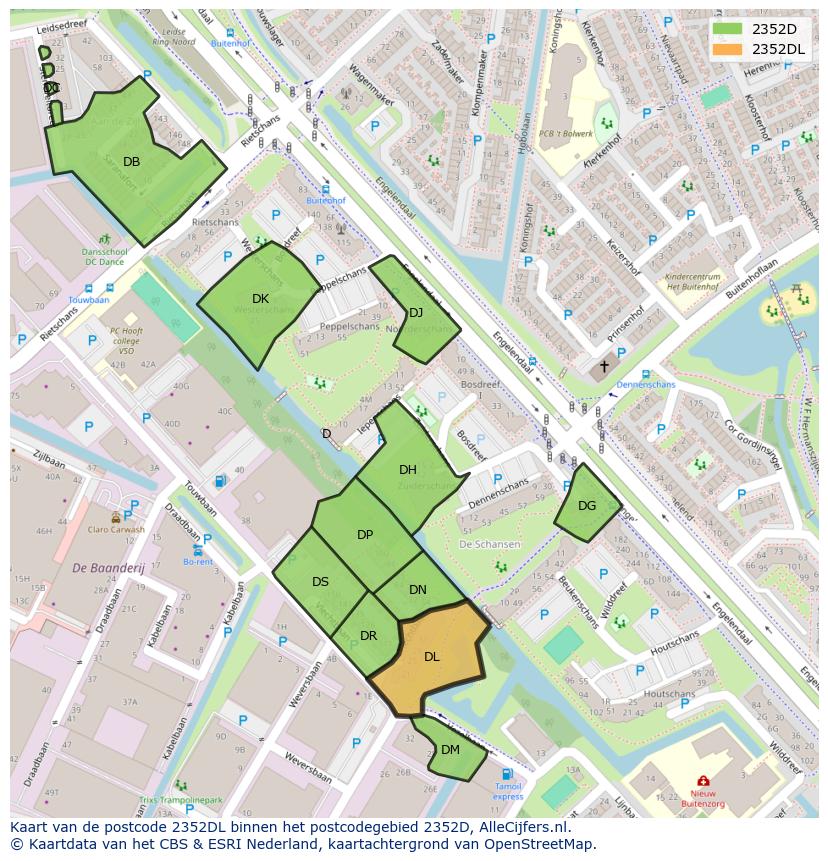 Afbeelding van het postcodegebied 2352 DL op de kaart.