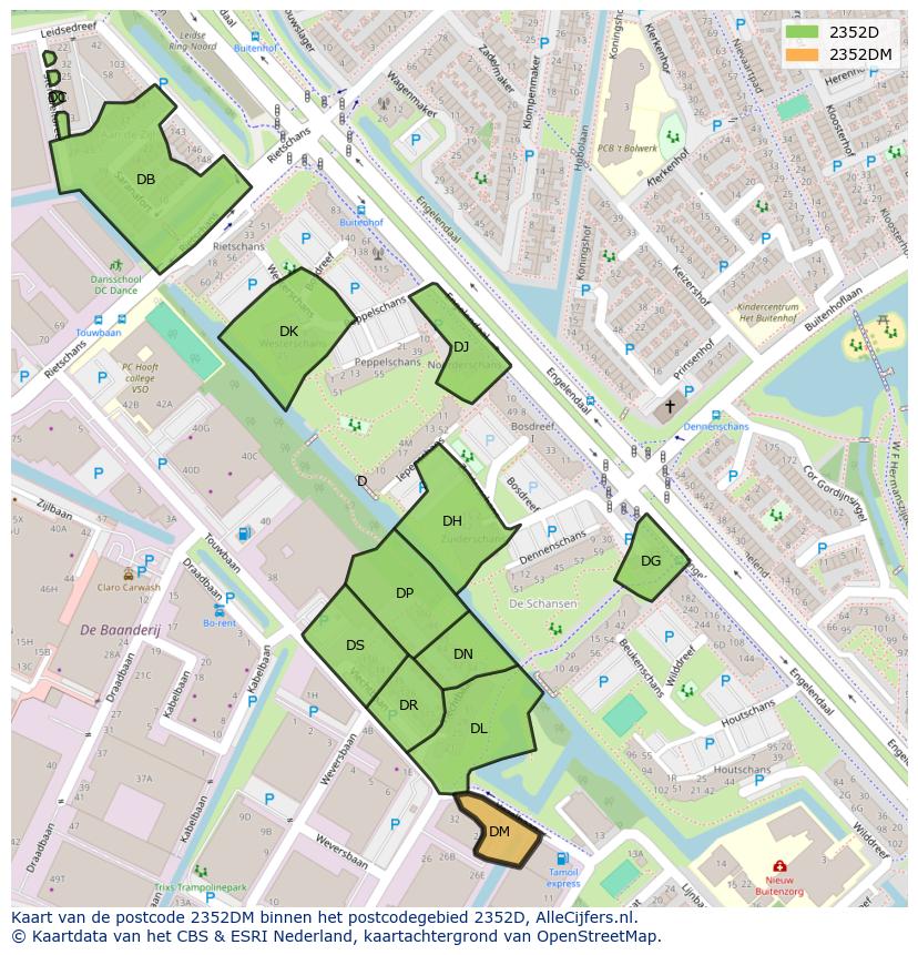 Afbeelding van het postcodegebied 2352 DM op de kaart.