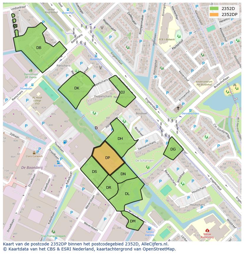 Afbeelding van het postcodegebied 2352 DP op de kaart.