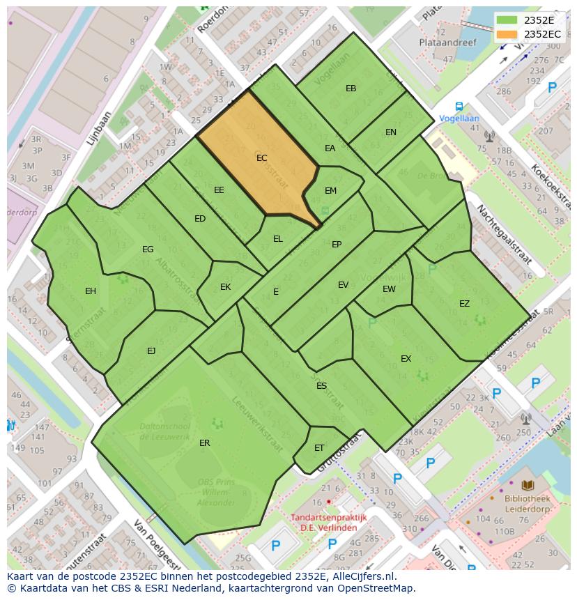 Afbeelding van het postcodegebied 2352 EC op de kaart.
