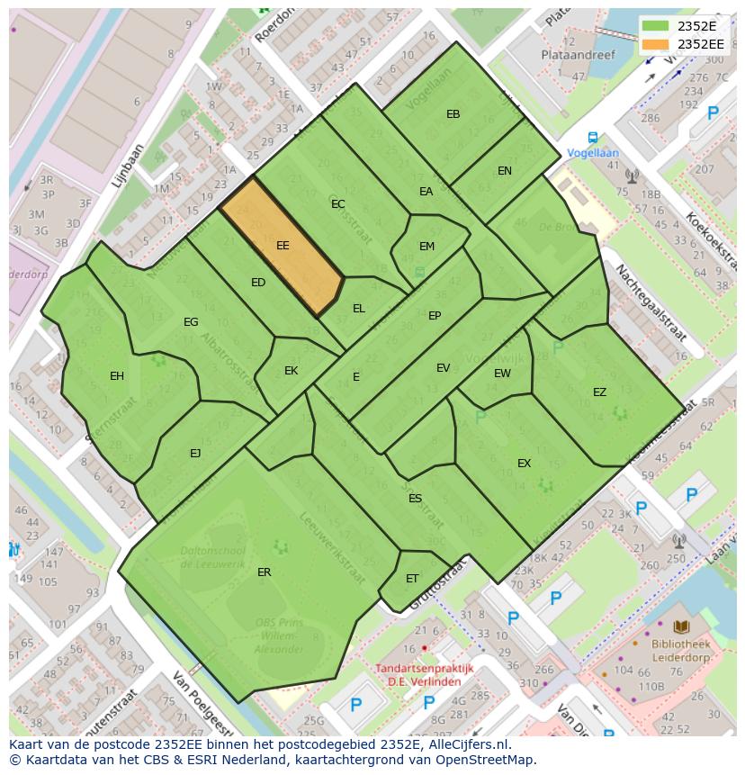 Afbeelding van het postcodegebied 2352 EE op de kaart.