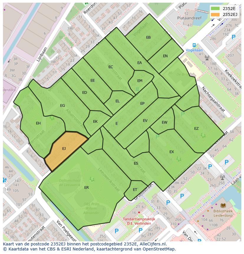 Afbeelding van het postcodegebied 2352 EJ op de kaart.
