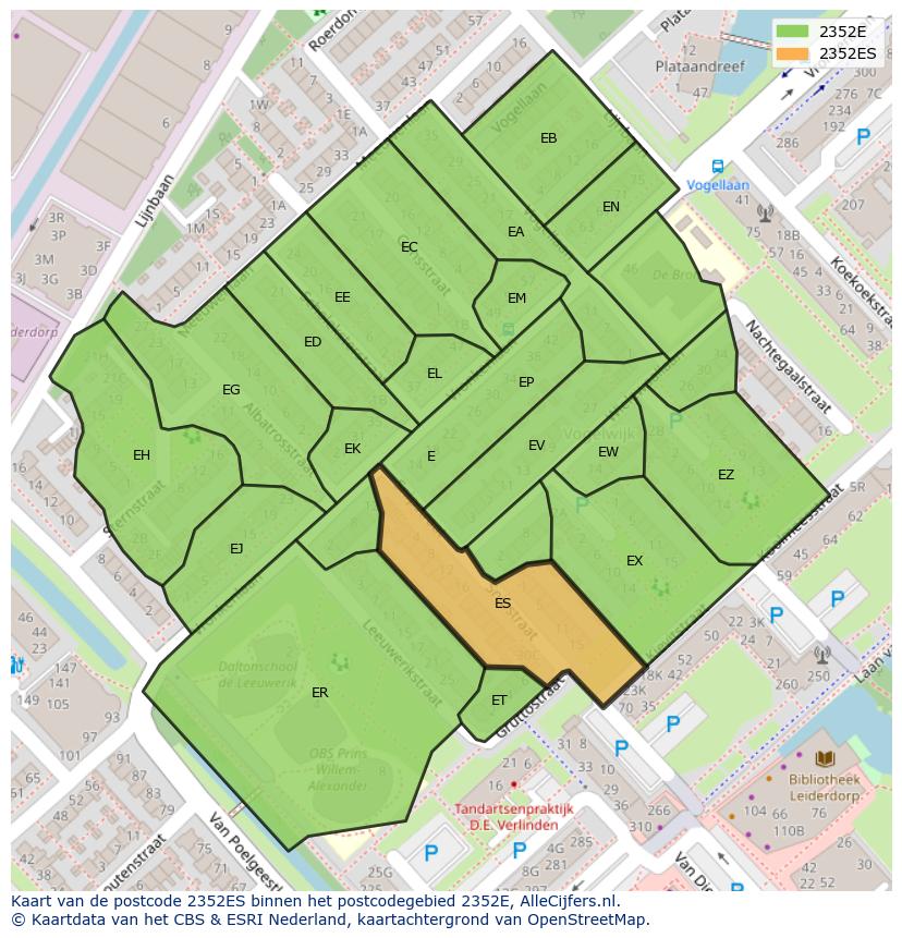 Afbeelding van het postcodegebied 2352 ES op de kaart.