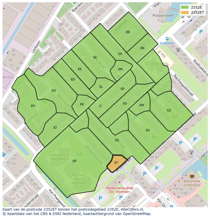 Afbeelding van het postcodegebied 2352 ET op de kaart.