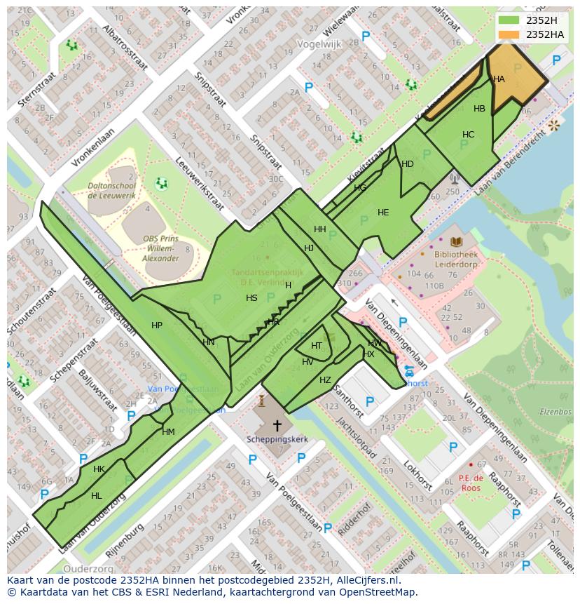 Afbeelding van het postcodegebied 2352 HA op de kaart.
