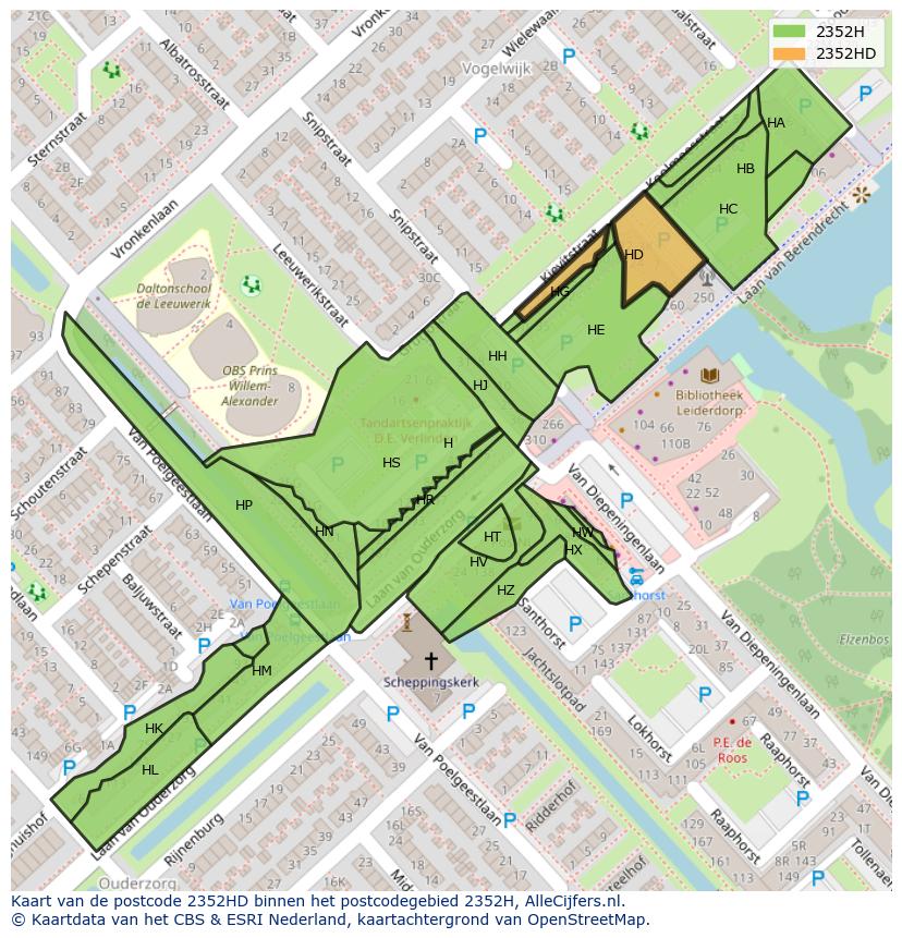 Afbeelding van het postcodegebied 2352 HD op de kaart.