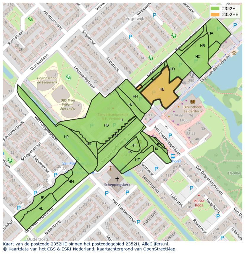 Afbeelding van het postcodegebied 2352 HE op de kaart.