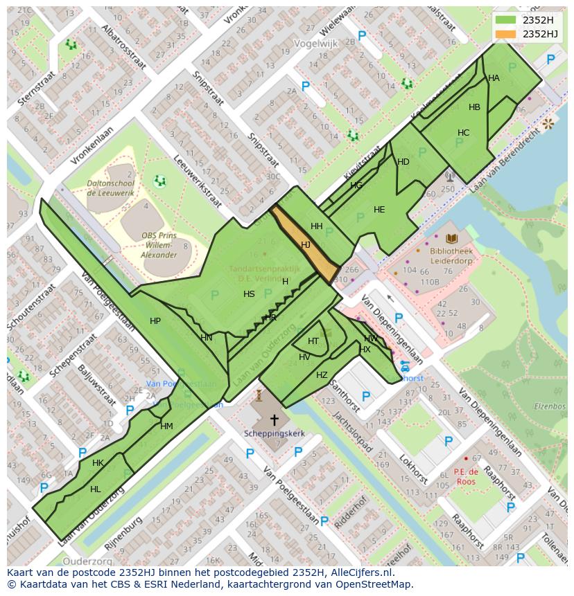 Afbeelding van het postcodegebied 2352 HJ op de kaart.